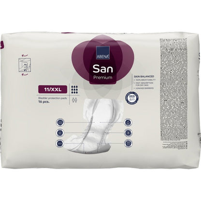 Een verpakking ABENA San Premium van Abena Re-Seller GmbH (16 stuks), met productdetails, iconen en een pad-illustratie op witte achtergrond. Nu met hoge absorptie voor optimale bescherming.