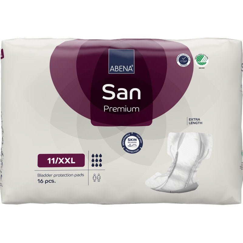 Een verpakking ABENA San Premium incontinentie-inlegkruisjes van Abena Re-Seller GmbH met een inlegkruisje, 16 stuks per verpakking en symbolen voor hoge absorptie, extra lengte en huidvriendelijk ontwerp.