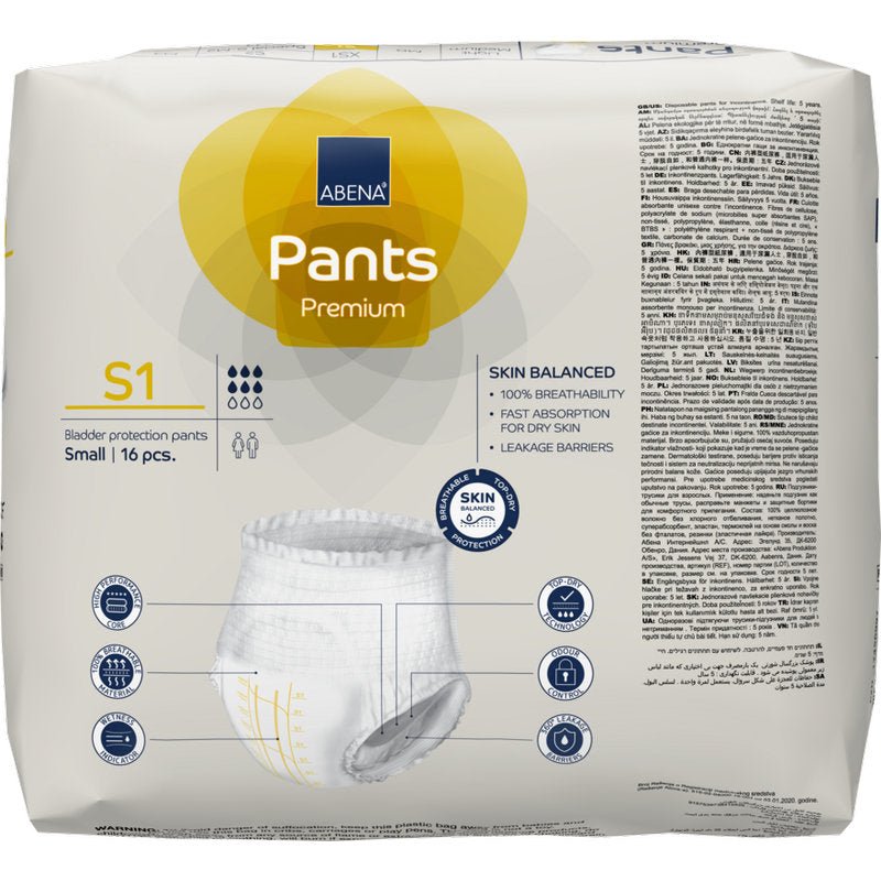 Een 16-delige verpakking ABENA Pants Premium S van Abena Re-Seller GmbH voor blaassbescherming, maat small. De overwegend witte verpakking met gele en blauwe kleuren bevat productinformatie, iconen en een foto van de incontinentiebroek.