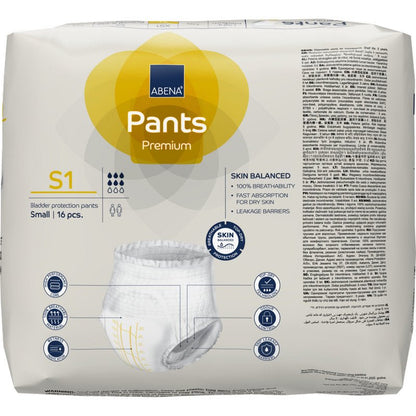 Een 16-delige verpakking ABENA Pants Premium S van Abena Re-Seller GmbH voor blaassbescherming, maat small. De overwegend witte verpakking met gele en blauwe kleuren bevat productinformatie, iconen en een foto van de incontinentiebroek.