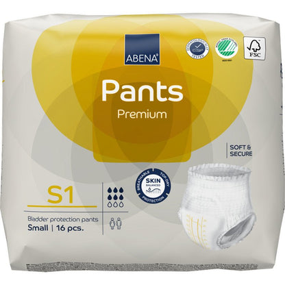 Een pakket ABENA Pants Premium S van Abena Re-Seller GmbH, ontwikkeld voor comfort en effectieve incontinentiebescherming.