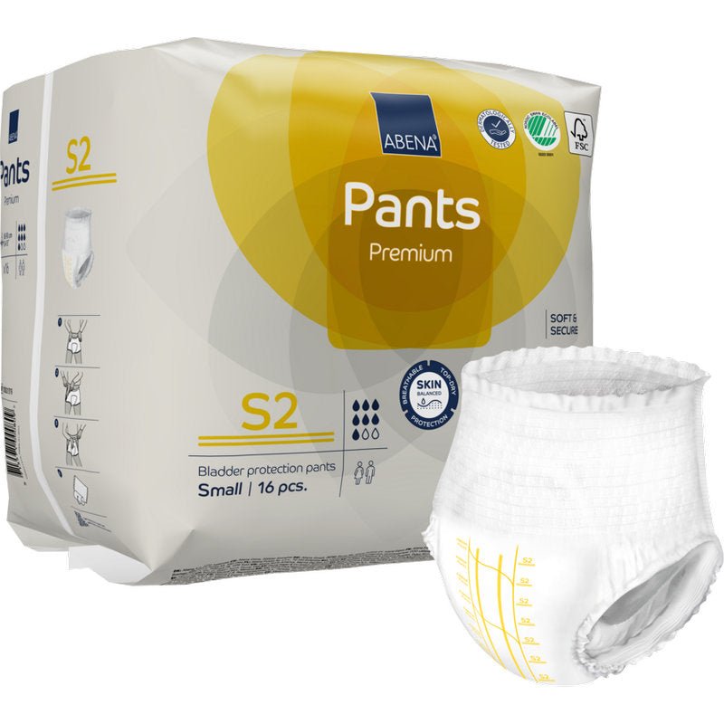 Afgebeeld is een pak ABENA Pants Premium S van Abena Re-Seller GmbH (kleine maat, 16 stuks) met een luierbroek ernaast. Op de verpakking bevinden zich certificeringslogo's en gedetailleerde informatie over incontinentieproducten.