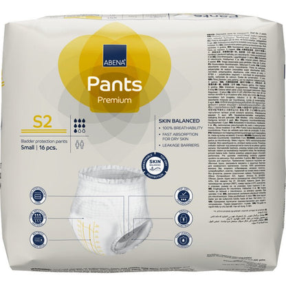 Een pak ABENA Pants Premium S van Abena Re-Seller GmbH in de maat Small bevat 16 stuks in een voornamelijk witte verpakking met gele en blauwe accenten en biedt betrouwbare incontinentiebescherming met duidelijke productinformatie aan de voorkant.