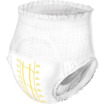 De ABENA Pants Premium S van Abena Re-Seller GmbH is een witte wegwerpbroek met elastische tailleband en beenopeningen en geel bedrukte maat- en afmetingen; ideaal voor incontinentiezorg.