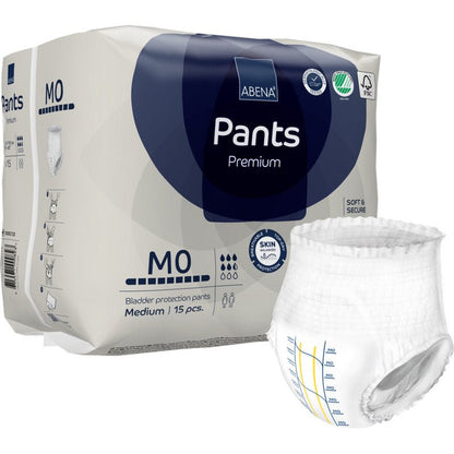 Een verpakking ABENA Pants Premium M van Abena Re-Seller GmbH (15 stuks, medium) voor hoge absorptie. Een witte incontinentiebroek met blauwe en gele vochtindicatoren is aan de buitenkant van de verpakking afgebeeld.