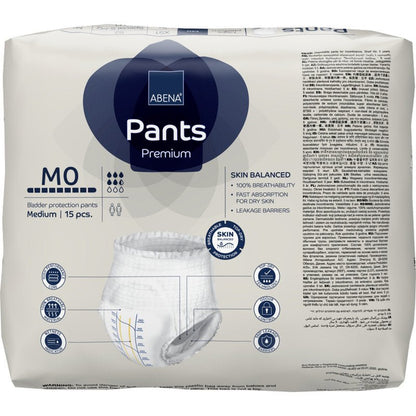 Een verpakking ABENA Pants Premium M van Abena Re-Seller GmbH (15 stuks) biedt hoge absorptie, 100% ademend vermogen, snelle absorptie en huidvriendelijk materiaal.