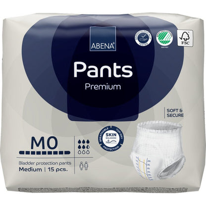 Een 15-pack ABENA Pants Premium M van Abena Re-Seller GmbH kenmerkt zich door hoge absorptie, "soft & secure" en "skin-friendly" eigenschappen, met product- en duurzaamheidssymbolen op de verpakking.