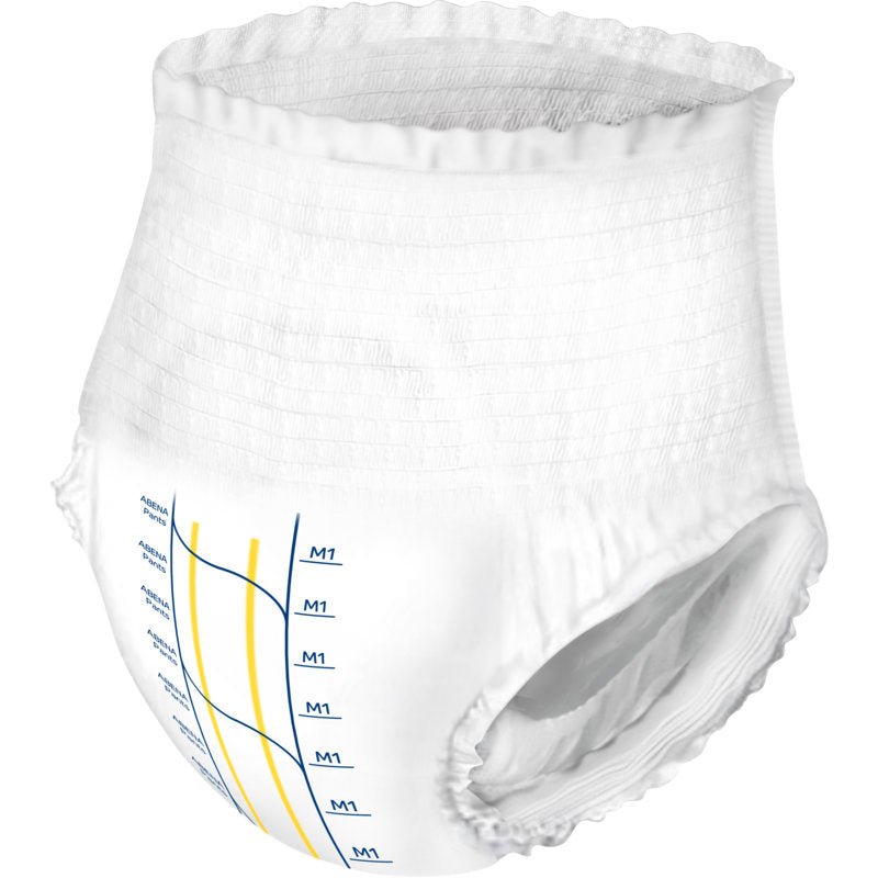 De ABENA Pants Premium M van Abena Re-Seller GmbH is een witte wegwerpboksershort in pull-up-stijl met een elastische tailleband en beenopeningen, voorzien van blauwe en gele lijnen en gelabelde indicatoren aan de voorkant.