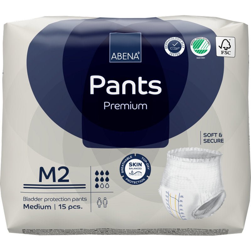Een 15-delige verpakking ABENA Pants Premium M van Abena Re-Seller GmbH. De wit-blauwe verpakking toont iconen voor hoge absorptie, huidbescherming, absorptie en eco-certificering.