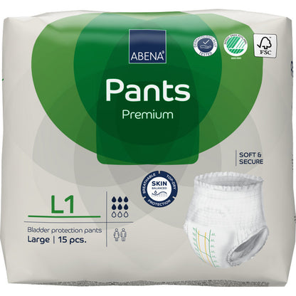 Eine Packung ABENA Pants Premium L von Abena Re-Seller GmbH, Größe Large, enthält 15 Blasenschutzhosen. Die weiß-grüne Packung trägt die Aufschrift Auslaufschutz und zeigt die Abbildung einer Schutzhose.