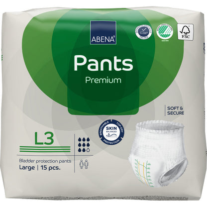 Eine 15er-Packung ABENA Pants Premium L der Abena Re-Seller GmbH in grün-weißer Verpackung mit Auslaufschutz, Produktinfo und einem Bild der Hose auf der Vorderseite.