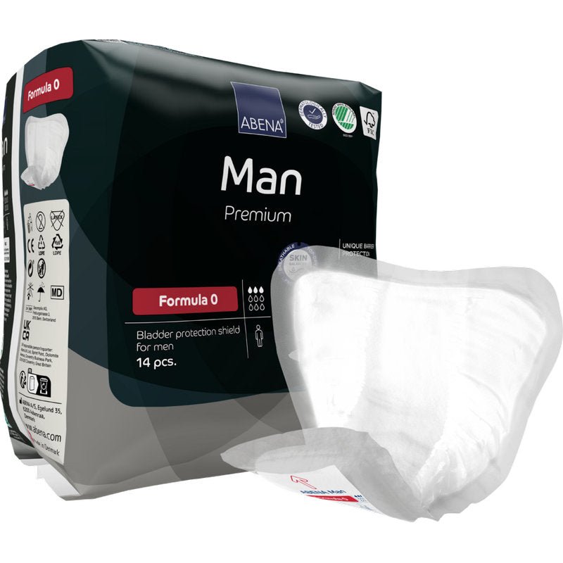 Een 14-delige verpakking ABENA Man Formula Premium van Abena Re-Seller GmbH. Een bord is afgebeeld buiten de zwart-wit-rode verpakking die is ontworpen voor effectieve blaasondersteuning voor mannen.