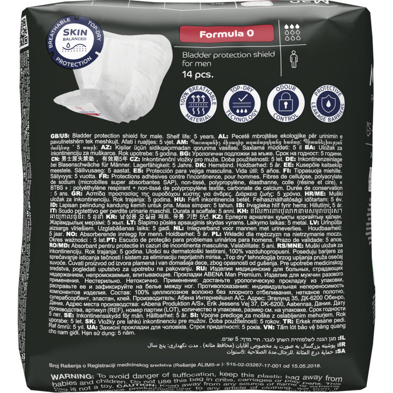 Een 14-pack ABENA Man Formula Premium van Abena Re-Seller GmbH, variant "Formula 0", met meertalige productinformatie, instructies en waarschuwingen op de verpakking.