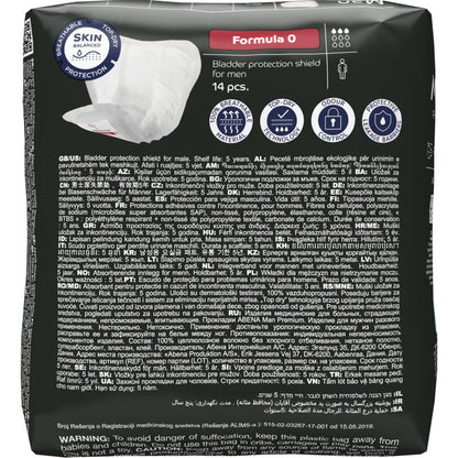 Een 14-pack ABENA Man Formula Premium van Abena Re-Seller GmbH, variant "Formula 0", met meertalige productinformatie, instructies en waarschuwingen op de verpakking.