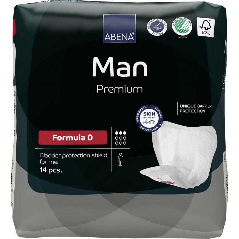 Een 14-pack ABENA Man Formula Premium van Abena Re-Seller GmbH, formule 0, met unieke barrièrebescherming en huidvriendelijke certificeringslogo's op de verpakking.
