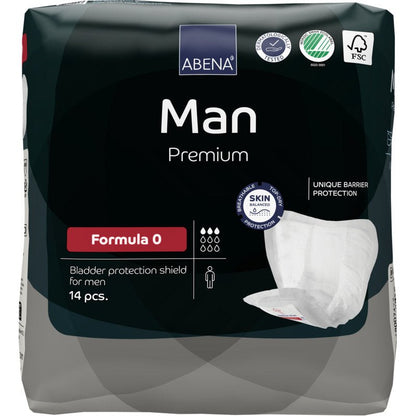 Een 14-pack ABENA Man Formula Premium van Abena Re-Seller GmbH, formule 0, met unieke barrièrebescherming en huidvriendelijke certificeringslogo's op de verpakking.