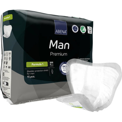 Een verpakking ABENA Man Formula Premium van Abena Re-Seller GmbH met 15 stuks voor effectieve incontinentiebescherming voor mannen, met een verwijderd en gepresenteerd bord.