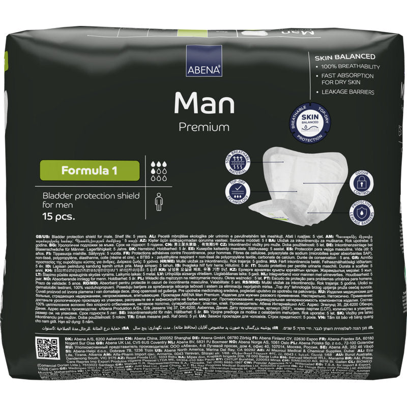 Een 15-pack ABENA Man Formula Premium van Abena Re-Seller GmbH, in eenvoudige zwarte verpakking met productdetails en afbeeldingen van de incontinentiebescherming voor mannen op de voorkant.