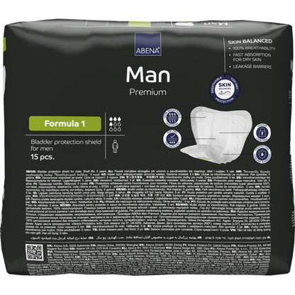 Een 15-pack ABENA Man Formula Premium van Abena Re-Seller GmbH, in eenvoudige zwarte verpakking met productdetails en afbeeldingen van de incontinentiebescherming voor mannen op de voorkant.
