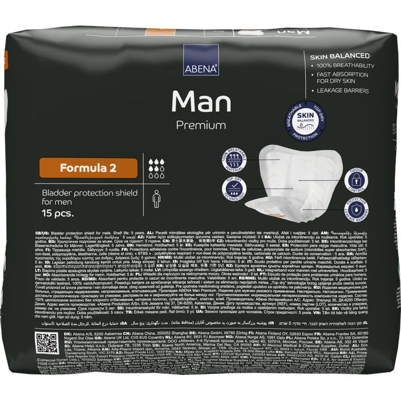 Een verpakking ABENA Man Formula Premium van Abena Re-Seller GmbH, formule 2 (15 stuks), zorgt voor snelle absorptie, volledig ademend vermogen en sterke lekbarrières voor optimale bescherming voor mannen.