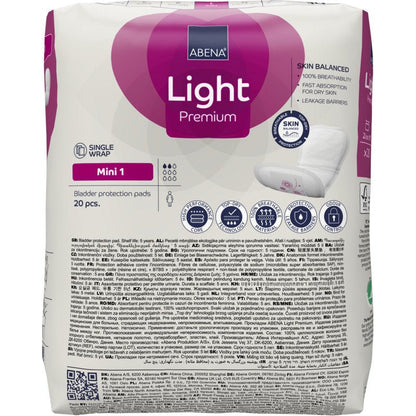 Verpakking ABENA Light Mini 1, Premium (20 stuks) van Abena Re-Seller GmbH voor lichte incontinentie met meertalige details, productbranding en afbeelding van een incontinentie-inleg aan de rechterkant.