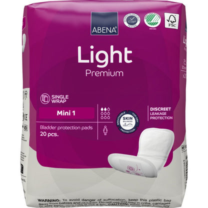 Een verpakking ABENA Light Mini 1, Premium van Abena Re-Seller GmbH bevat 20 pads voor lichte incontinentie. De paarse verpakking heeft een individuele verpakking en een discrete lekbescherming met duidelijke witte letters en symbolen.