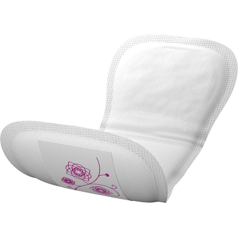 Een close-up van een ABENA Light Mini 1, Premium incontinentie-inleg van Abena Re-Seller GmbH toont een zachte, absorberende inleg voor lichte incontinentie met gebogen randen en paarse patronen. De verpakking bevat 20 stuks.