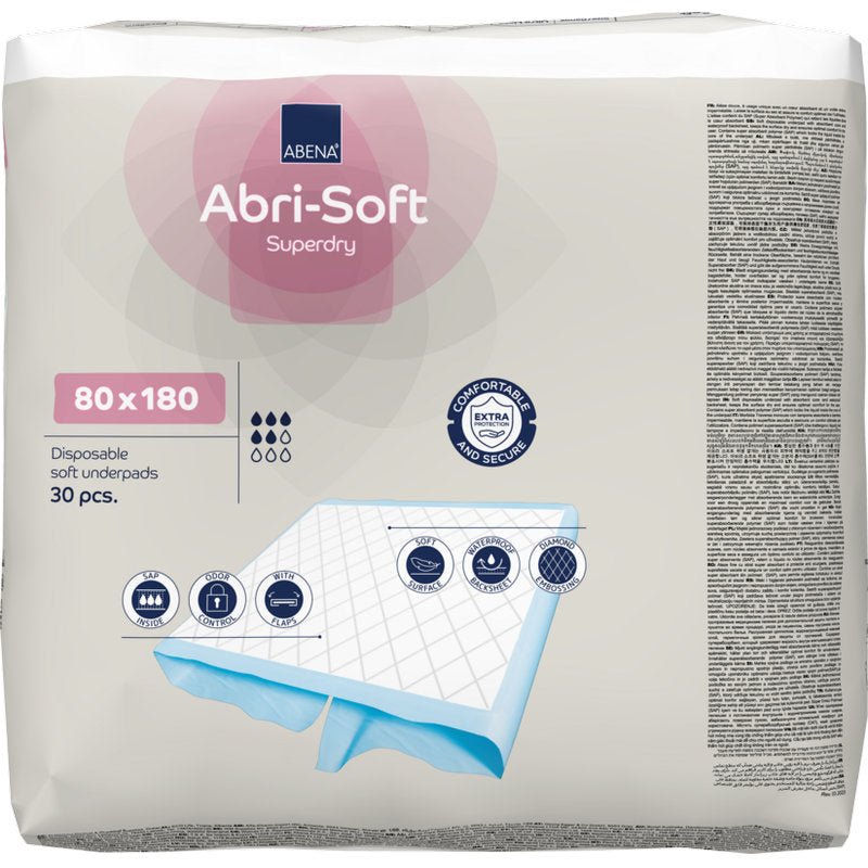 Een verpakking met 30 wegwerp-onderleggers Abri-Soft Superdry (80x180 cm) van Abena Re-Seller GmbH. De verpakking benadrukt het gebruik voor incontinentie, toont de grootte en toont afbeeldingen van de zachte onderleggerconstructie.