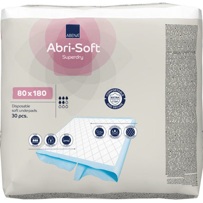 Een verpakking met 30 wegwerp-onderleggers Abri-Soft Superdry (80x180 cm) van Abena Re-Seller GmbH. De verpakking benadrukt het gebruik voor incontinentie, toont de grootte en toont afbeeldingen van de zachte onderleggerconstructie.