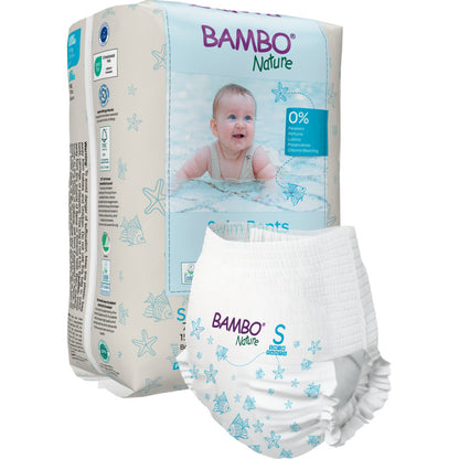 De Bambo Nature zwemluiers, Gr. S, 7-12 kg (12 stuks) van Abena Re-Seller GmbH tonen een drijvend kind op de voorkant en een zwembroek met lichtblauwe zeester- en schelpmotieven - ideaal voor het waterplezier van uw baby!.