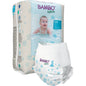 De Bambo Nature zwemluiers, Gr. S, 7-12 kg (12 stuks) van Abena Re-Seller GmbH tonen een drijvend kind op de voorkant en een zwembroek met lichtblauwe zeester- en schelpmotieven - ideaal voor het waterplezier van uw baby!.