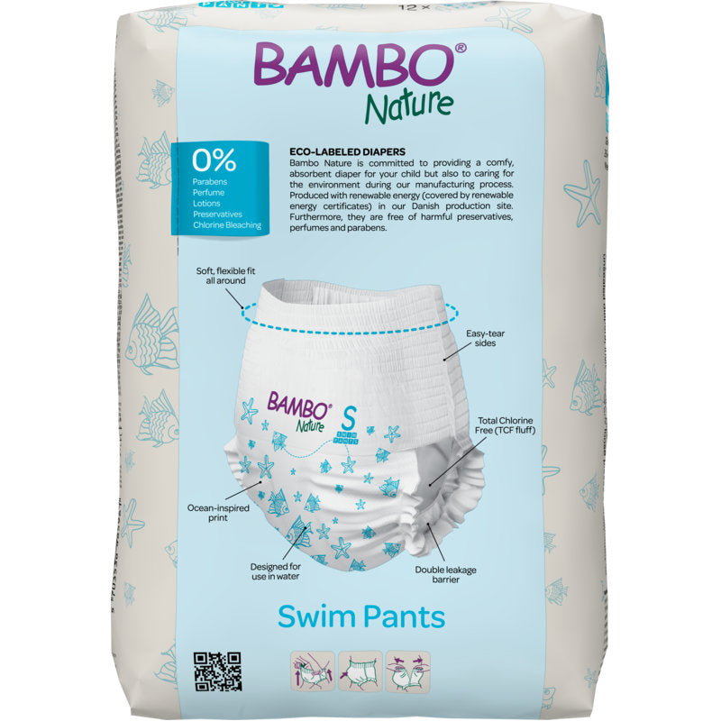 De 12-pack Bambo Nature zwemluiers, Gr. S (7-12 kg) van Abena Re-Seller GmbH heeft een wit-blauwe verpakking met een zwemluiermotief en benadrukt de milieuvriendelijke formule met 0% parabenen, lotion en parfum. Geschikt voor baby's van 7-12 kg.