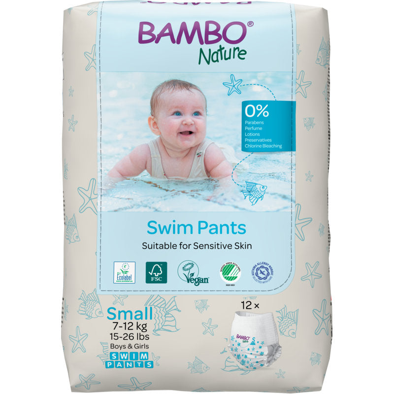 De Bambo Nature zwemluiers, Gr. S, 7-12 kg (verpakking van 12 stuks) van Abena Re-Seller GmbH zijn paraben- en parfumvrij - ideaal voor gevoelige babyhuid en kleine zwemmers van 7-12 kg.