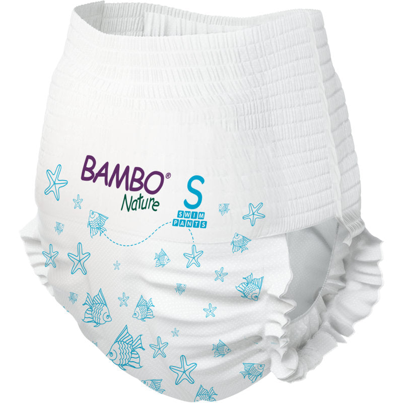 De Bambo Nature zwemluiers, Gr. S, 7-12 kg (verpakking van 12 stuks) van Abena Re-Seller GmbH zijn witte zwemluiers met blauwe vis- en zeestermotieven en een elastische tailleband en beenopening. Ideaal voor baby's.