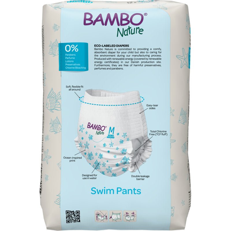 Een 12-pack Bambo Nature zwemluiers, maat M (12+ kg) van Abena Re-Seller GmbH: witte luiers met blauw zeesterontwerp, eco-gelabeld en vrij van parabenen, lotions en geurstoffen.