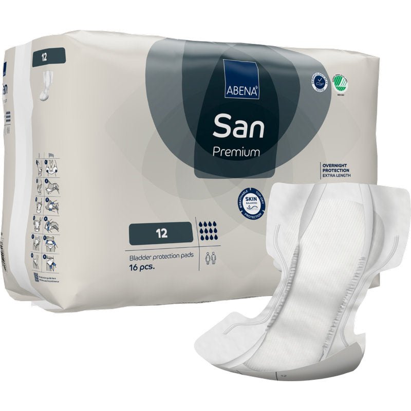Een verpakking ABENA San Premium van Abena Re-Seller GmbH is afgebeeld naast een enkele geopende tampon. Op de verpakking staan de hoeveelheid, de hoge absorptie, de absorptiekracht en verschillende productsymbolen aangegeven.