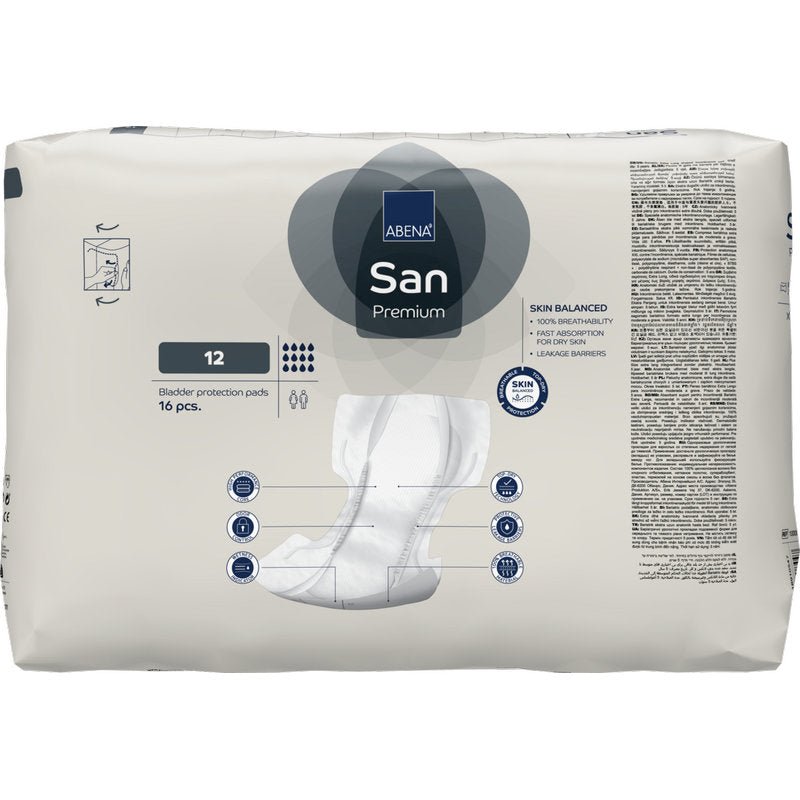 Een verpakking ABENA San Premium van Abena Re-Seller GmbH, maat 12, bevat 16 inlegkruisjes voor blaasbescherming. De witte verpakking met blauwe en grijze accenten benadrukt de hoge absorptie en de belangrijkste kenmerken voor incontinentiezorg.