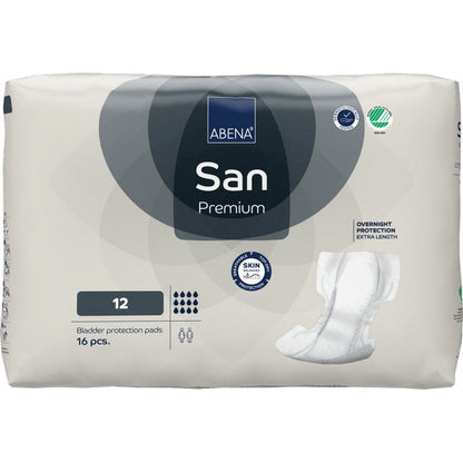 Een verpakking met 16 ABENA San Premium blaasbeschermingsinlegkruisjes van Abena Re-Seller GmbH in witte en grijze verpakking met een tamponafbeelding en symbolen voor incontinentiebescherming, hoge absorptie, nachtgebruik en huidbescherming.