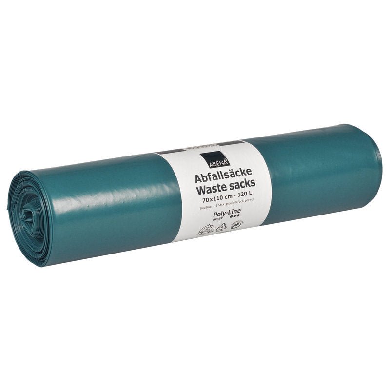 Een rol Abena Re-Seller GmbH afvalzakken 120 L (700x1100 mm, 76 my LDPE, Blauw) bevat 15 zakken en is voorzien van een wit etiket met Duitse en Engelse informatie.