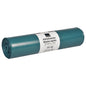 Een rol Abena Re-Seller GmbH afvalzakken 120 L (700x1100 mm, 76 my LDPE, Blauw) bevat 15 zakken en is voorzien van een wit etiket met Duitse en Engelse informatie.