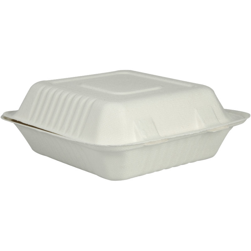 Een gesloten, witte menuBox van bagasse (22,3x20,1x7,7 cm) van het merk Abena Re-Seller GmbH staat op een eenvoudige witte achtergrond. Verpakkingshoeveelheid: 50 stuks.