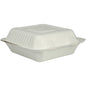 Een gesloten, witte menuBox van bagasse (22,3x20,1x7,7 cm) van het merk Abena Re-Seller GmbH staat op een eenvoudige witte achtergrond. Verpakkingshoeveelheid: 50 stuks.