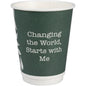 Der Abena Re-Seller GmbH Kaffeebecher Doppelwand Bio "Green Leaves" ist ein grüner, umweltfreundlicher Becher mit weißem Text "Changing the World, Starts with Me" und einem partiellen weißen Blattdesign auf der linken Seite.