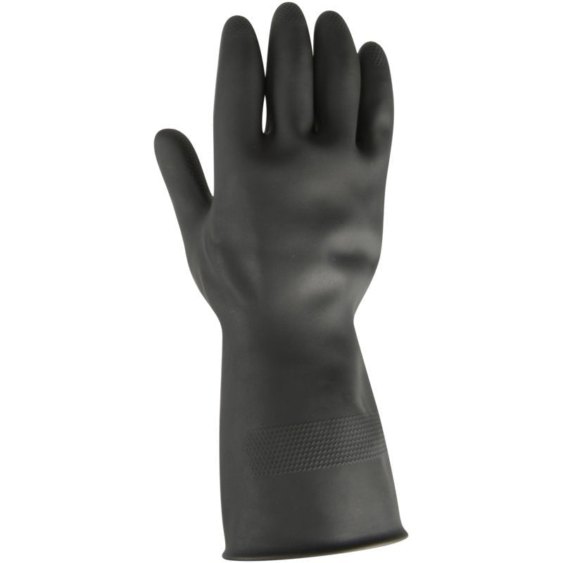 Een enkele Thor Black Heavy Duty huishoudhandschoen Latex van Abena Re-Seller GmbH, met een gestructureerde grip op de handpalm en pols, wordt rechtop afgebeeld tegen een witte achtergrond.