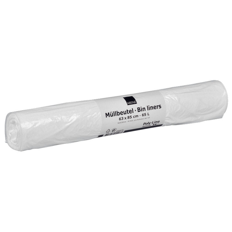 Een witte rol Abena Re-Seller GmbH vuilniszakken 65 L (630x850 mm, 13 my LDPE), ongebruikt en stevig verpakt, bevat 40 zakken per rol - ideaal voor afvalverwijdering.