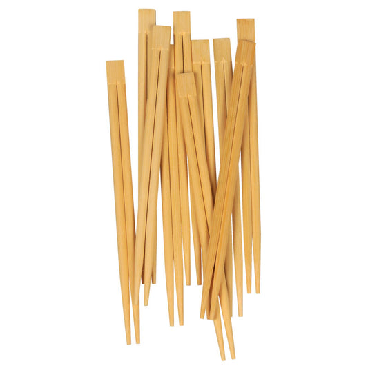 Ein Set von Abena Re-Seller GmbH Essstäbchen, Bambus, Unverpackt (100 Stück) wird paarweise überlappend gestreut. Die hellbraunen Essstäbchen haben flache, kantige Enden und sind unverpackt eine nachhaltige Wahl.