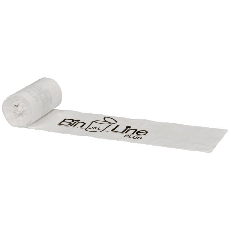 Afgebeeld is een gedeeltelijk afgerolde Abena Re-Seller GmbH Bin Line Zak Plus 20L (355x775 mm, 20 my LLDPE, Wit) rol met "Bin Line 20L PLUS" in zwarte letters op een witte achtergrond. Een rol bevat 15 vuilniszakken - ideaal voor afvalverwijdering.