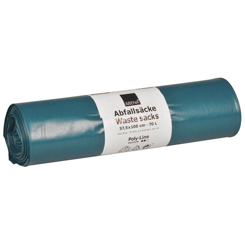 De opgerolde blauwe Abena Re-Seller GmbH afvalzakken 70L (575x1000 mm, 48 my LDPE) zijn voorzien van een tweetalig etiket en worden geleverd op een rol van 25 scheurbestendige vuilniszakken. Ze bieden een betrouwbare duurzaamheid voor de dagelijkse afvalbehoeften.