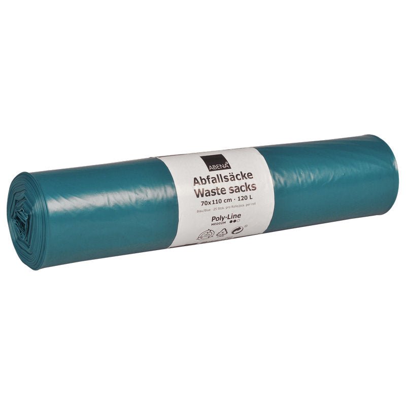 Een opgerolde verpakking blauwe LDPE Abena Re-Seller GmbH afvalzakken 120 L (700x1100 mm, 48 my), beschreven in Duits/Engels, bevat 25 zakken met een inhoud van 120 liter.
