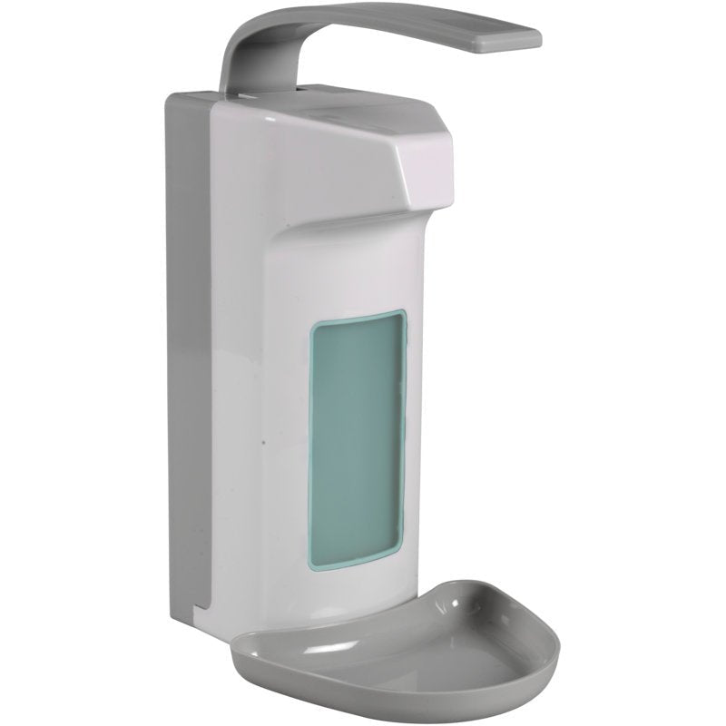 De Abena Re-Seller GmbH armheveldispenser (1000 ml, kunststof/wit) is een wanddispenser met bovenste hendel, lekbak en kijkvenster voor eenvoudige controle van het zeeppijl.